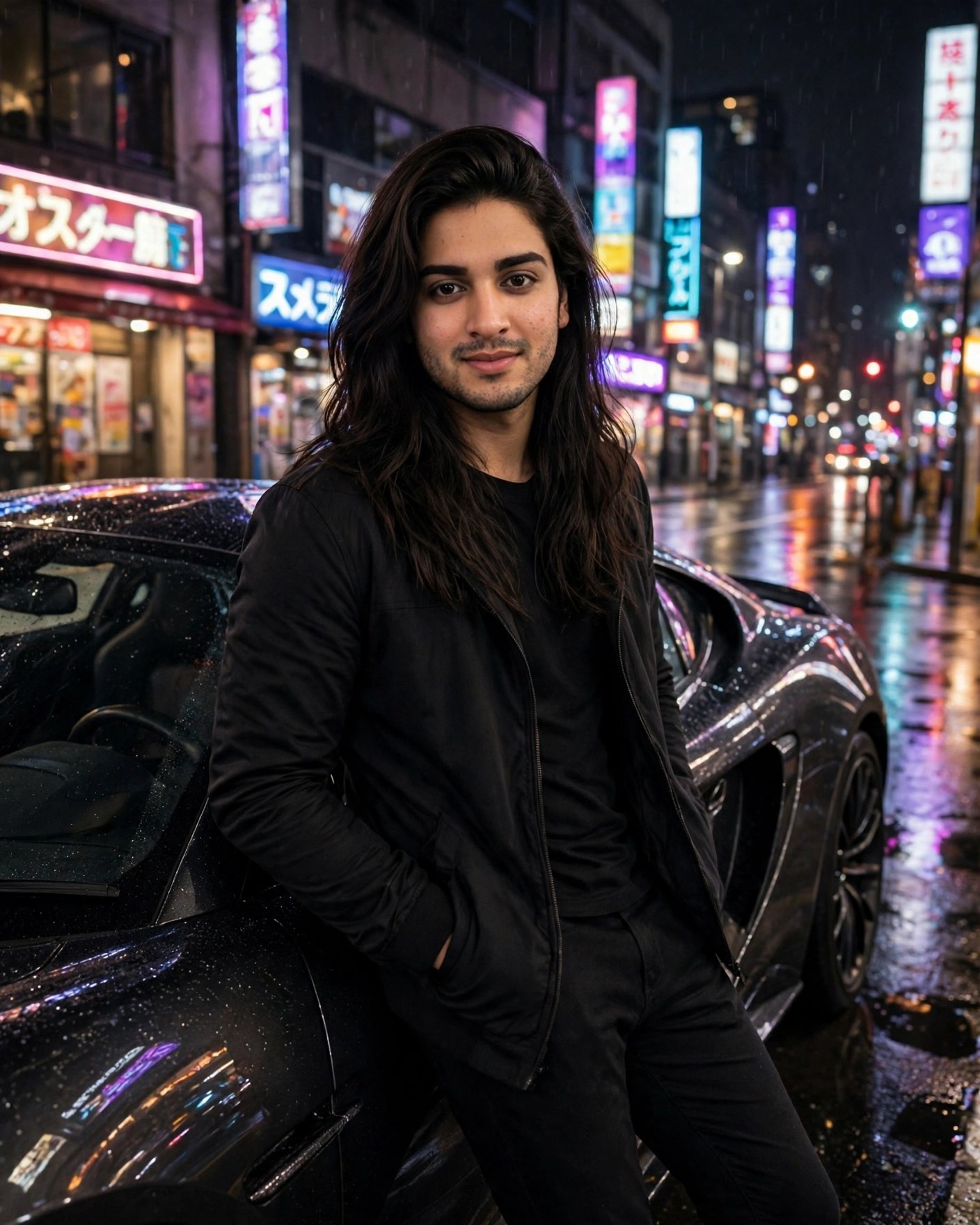 Sports Car Night Pose — Neon Street — AI Photo Editing Prompt on Faymas
