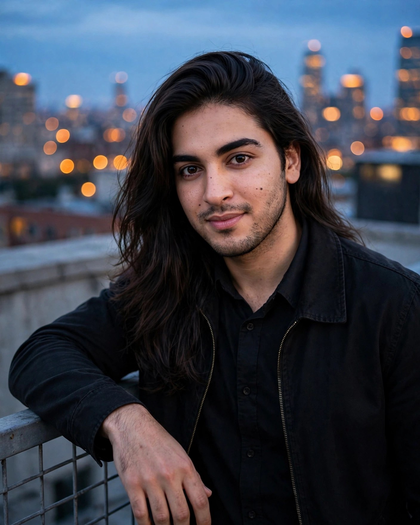 Rooftop Attitude Portrait — City Lights at Dusk — AI Photo Editing Prompt on Faymas
