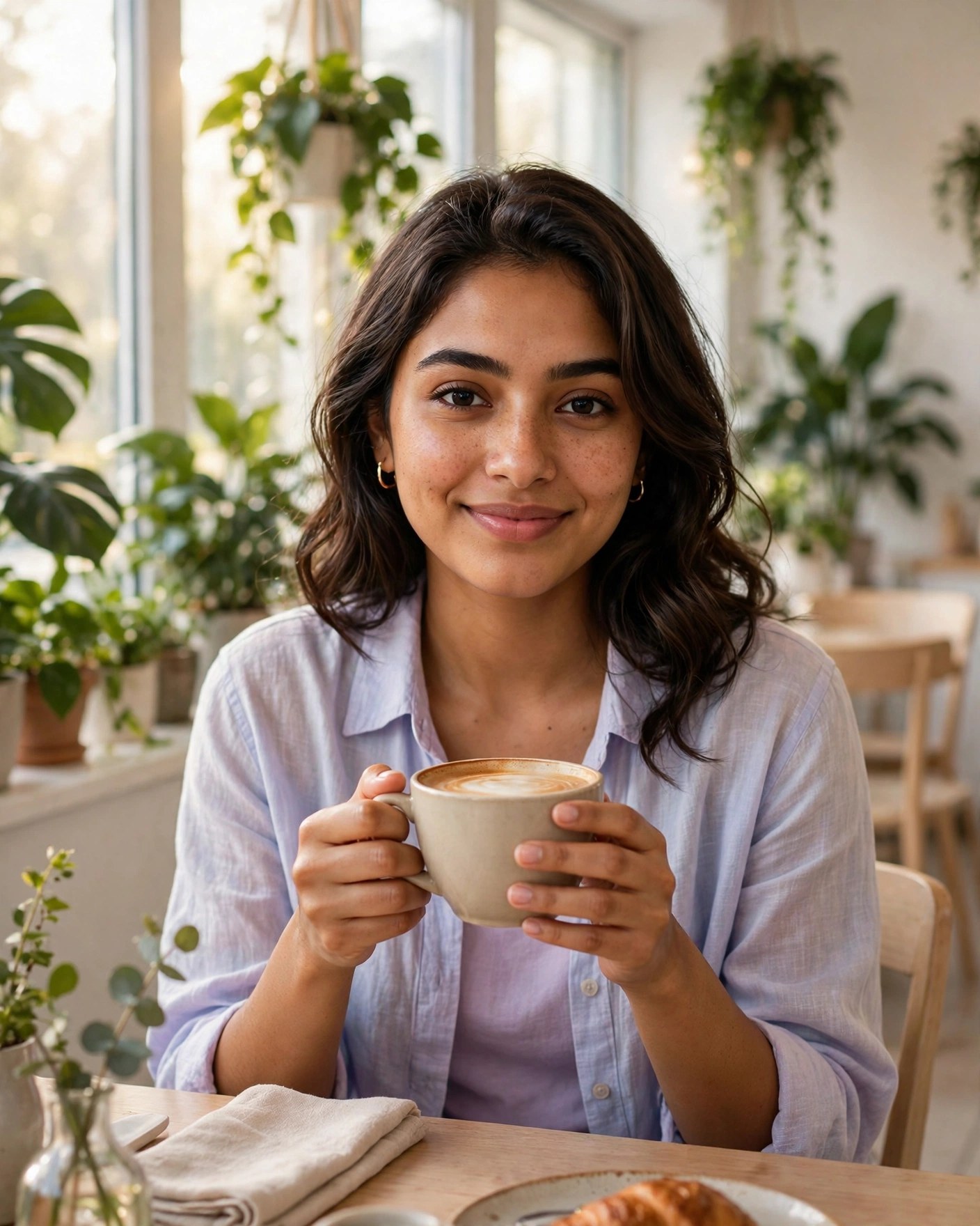 Cafe Aesthetic Portrait — Soft Morning Light — AI Photo Editing Prompt on Faymas