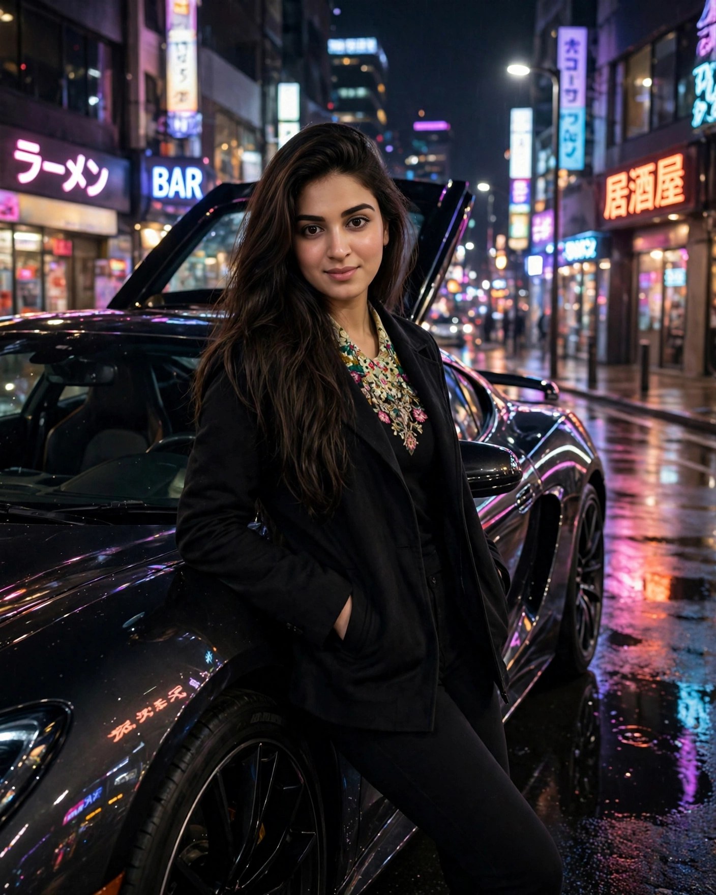 Sports Car Night Pose — Neon Street — AI Photo Editing Prompt on Faymas