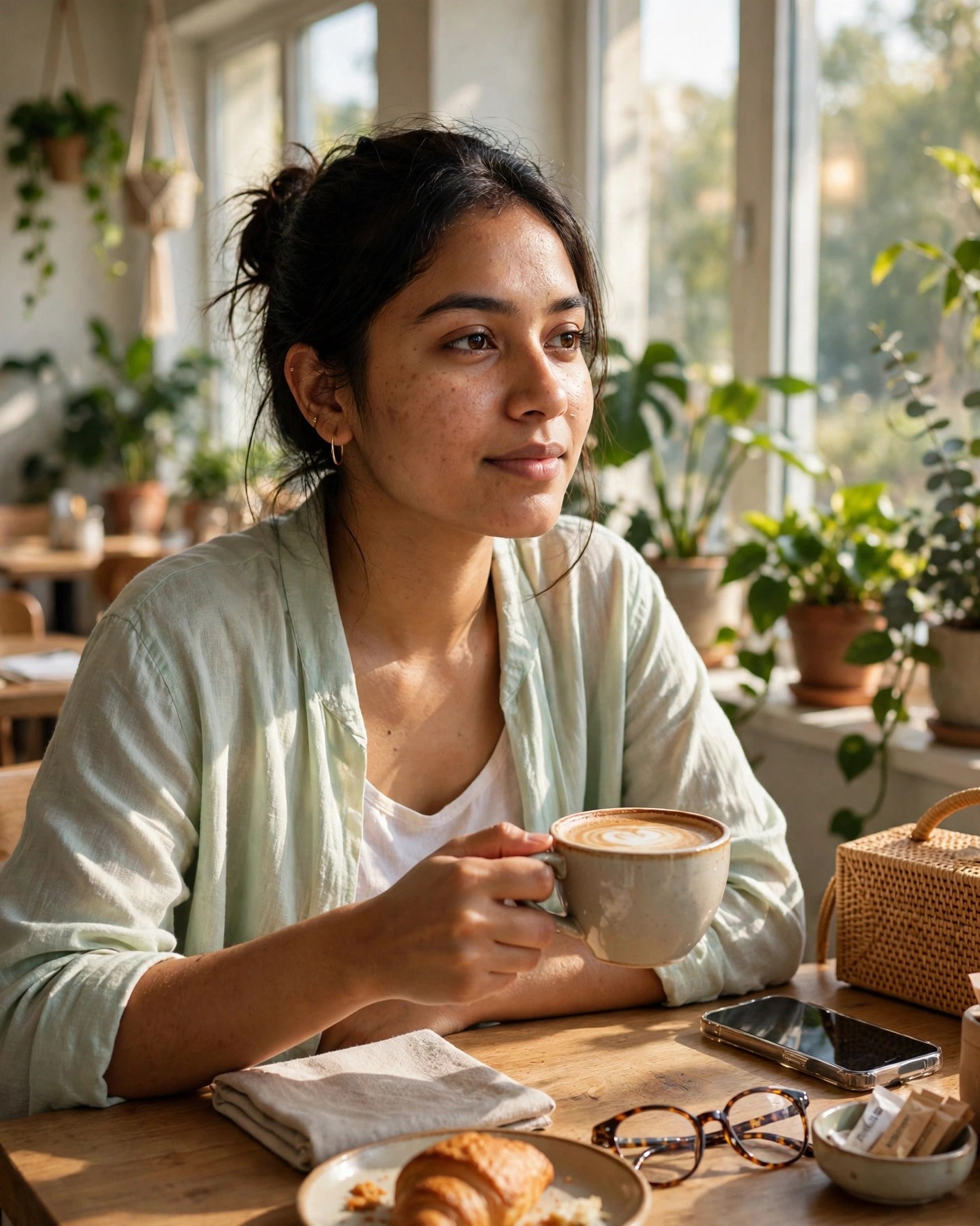 Cafe Aesthetic Portrait — Soft Morning Light — AI Photo Editing Prompt on Faymas